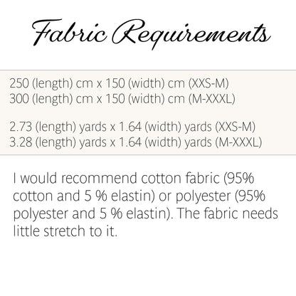 A text-based fabric requirements chart showing size and yardage needs for XXS-M and M-XXXL sizes, with recommendations for cotton or polyester fabric.