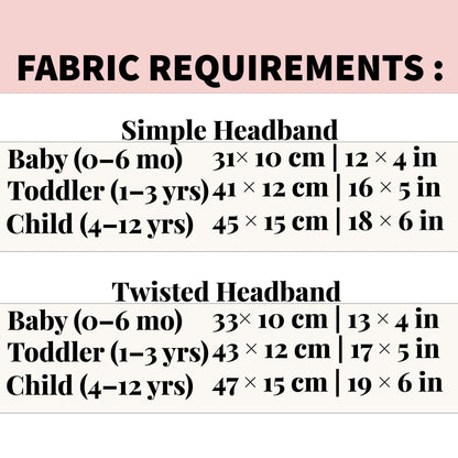 Fabric requirements chart for simple and twisted headbands with dimensions for different age groups such as baby toddler and child
