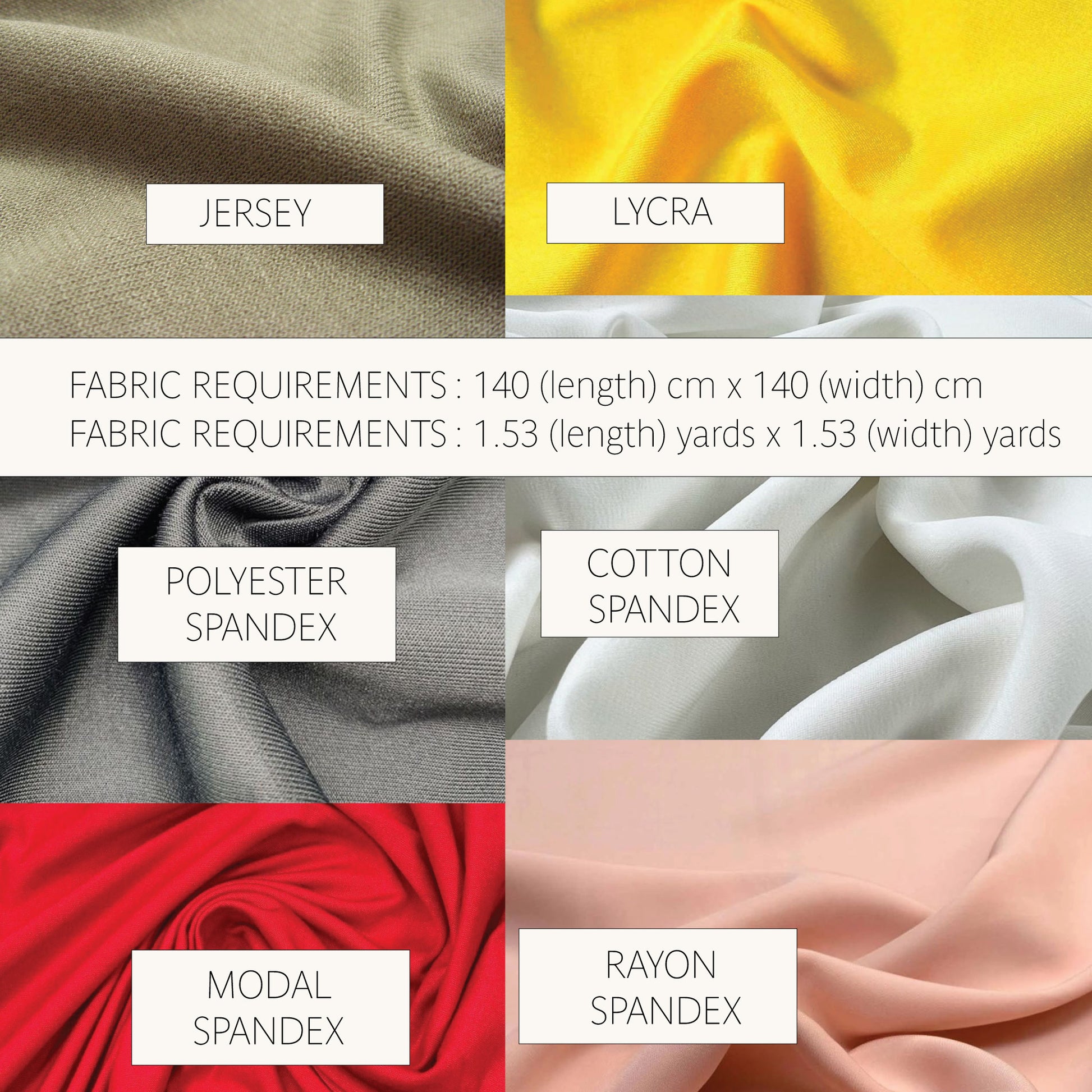 A fabric color and material reference chart showing six swatches: olive green jersey, bright yellow lycra, white cotton spandex, gray polyester spandex, red modal spandex, and pale pink rayon spandex. A central text band lists fabric requirements in centimeters and yards.