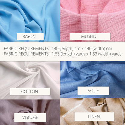 A fabric comparison chart showing six textile swatches labeled Rayon, Muslin, Cotton, Voile, Viscose, and Linen, with text listing fabric requirements in centimeters and yards.