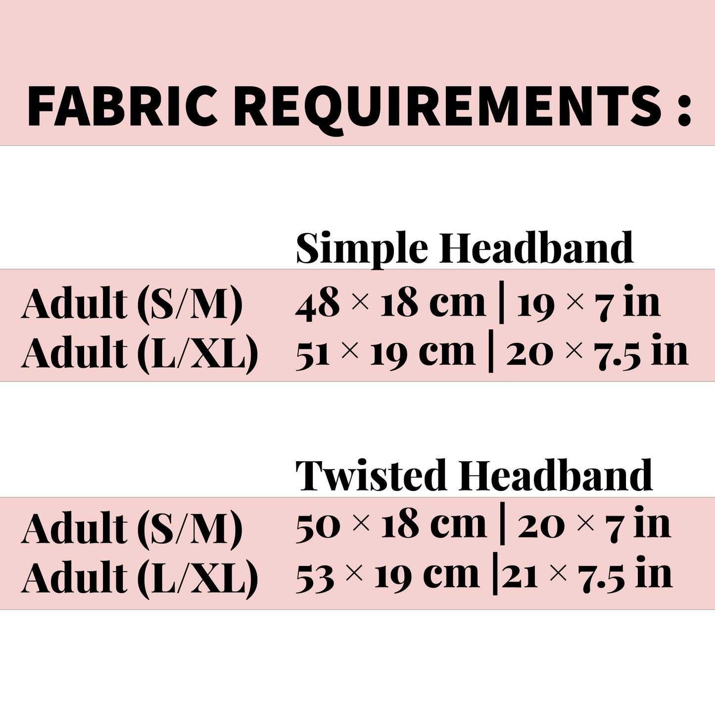 Fabric requirements chart for simple and twisted headbands sewing pattern with dimensions on a pink background.
