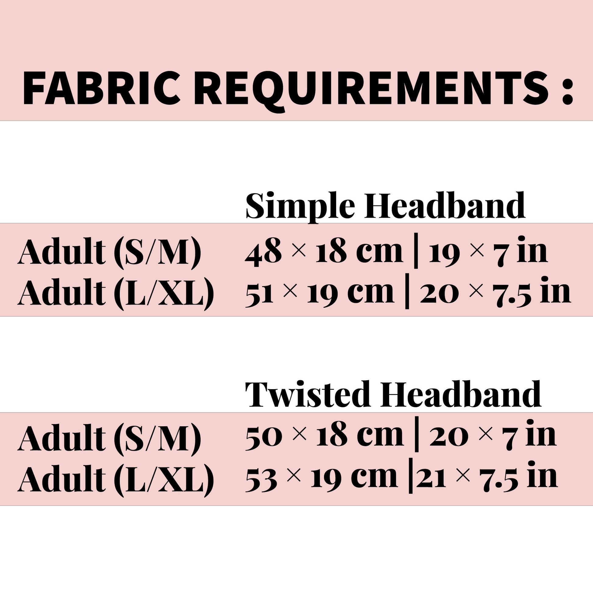 Fabric requirements chart for simple and twisted headbands sewing pattern with dimensions on a pink background.