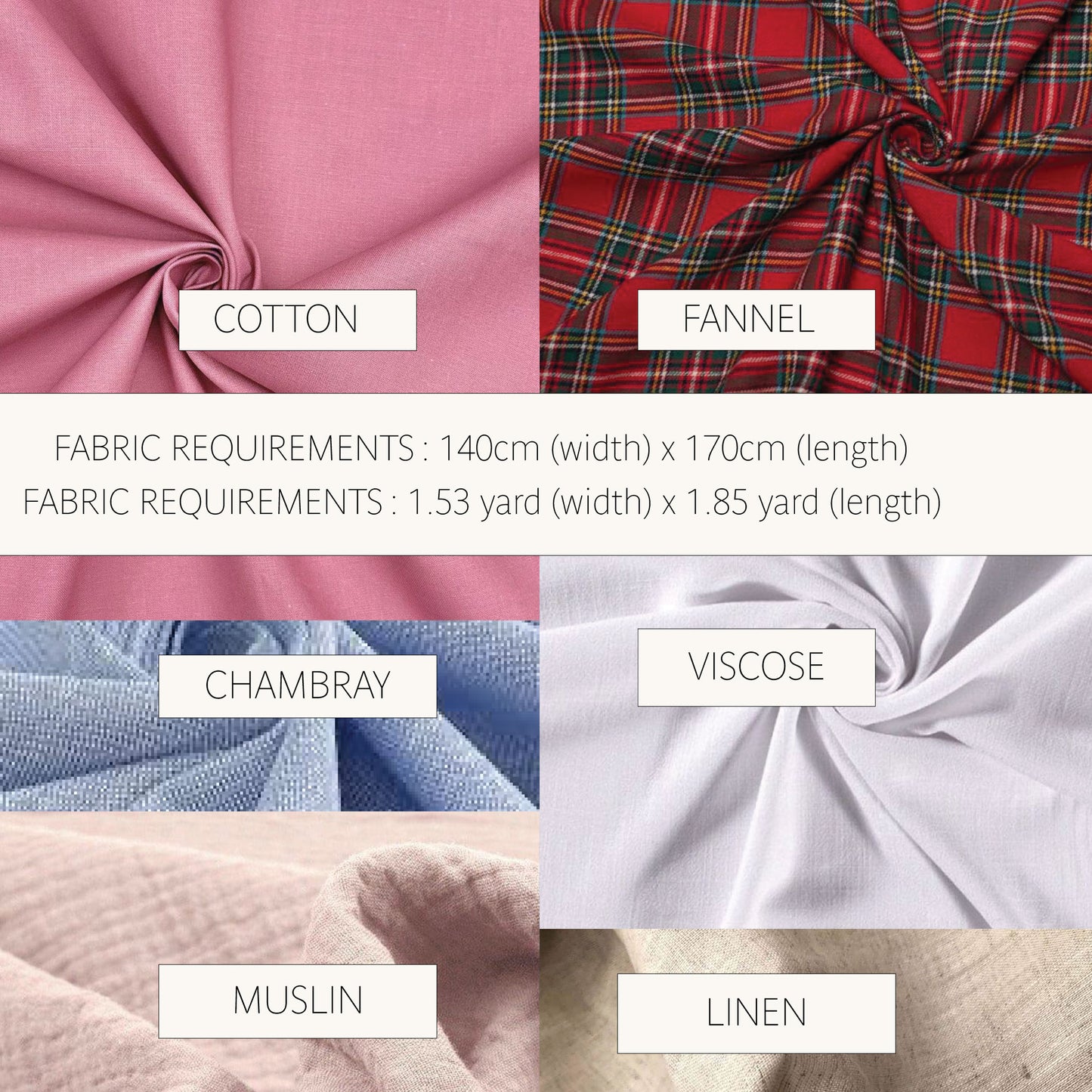 A fabric options graphic showing six textile swatches labeled Cotton, Fannel, Chambray, Viscose, Muslin, and Linen, with text listing fabric requirements in centimeters and yards.