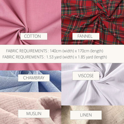 A fabric options graphic showing six textile swatches labeled Cotton, Fannel, Chambray, Viscose, Muslin, and Linen, with text listing fabric requirements in centimeters and yards.