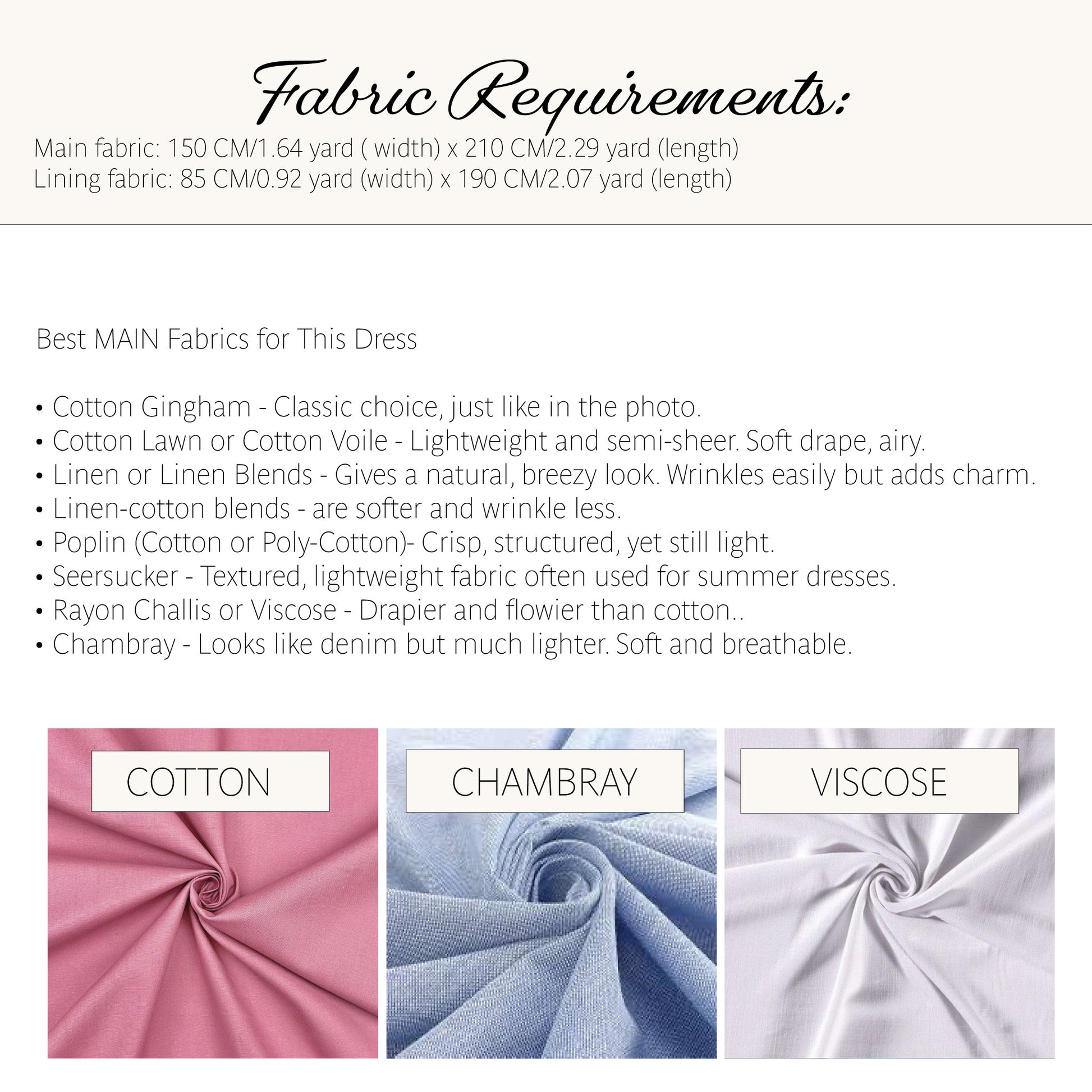 A fabric requirements and fabric type guide sheet for a dress, showing text specifications and three fabric swatches labeled Cotton, Chambray, and Viscose.