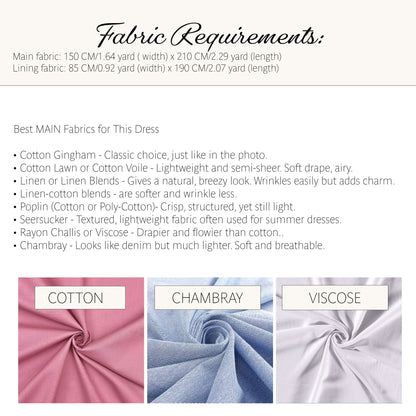 A fabric requirements and fabric type guide sheet for a dress, showing text specifications and three fabric swatches labeled Cotton, Chambray, and Viscose.