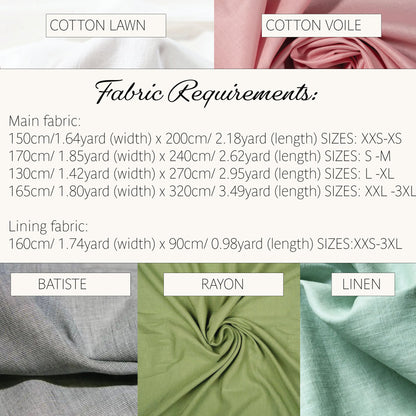A fabric requirements and color options chart showing swatches of cotton lawn, cotton voile, batiste, rayon, and linen fabrics with text listing measurements and sizes for main fabric and lining fabric.