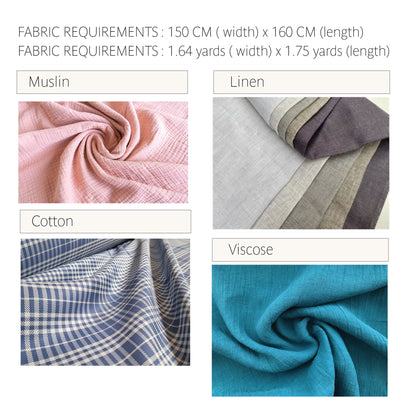 Fabric requirements chart showing four fabric options: Muslin in pink, Linen in light gray and taupe, Cotton in blue and white gingham, and Viscose in teal, with dimensions 150 cm width x 160 cm length or 1.64 yards width x 1.