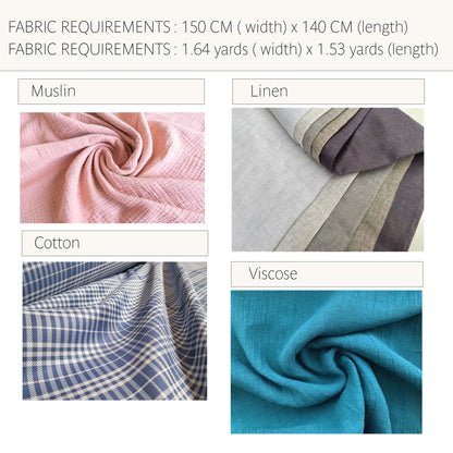 Fabric requirements chart showing four fabric options: Muslin in pink, Linen in light gray and taupe, Cotton in blue and white gingham, and Viscose in teal, with dimensions listed at the top.
