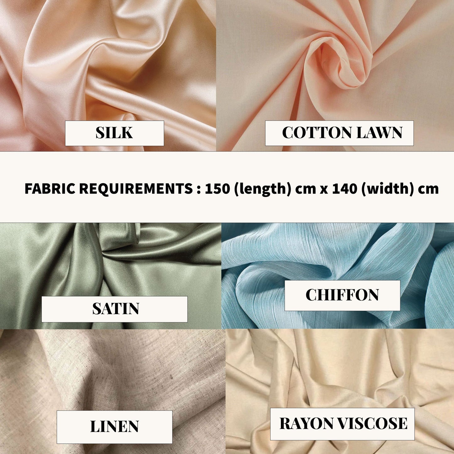 Fabric swatches of silk, cotton lawn, satin, chiffon, linen, and rayon viscose with labels and fabric requirements.