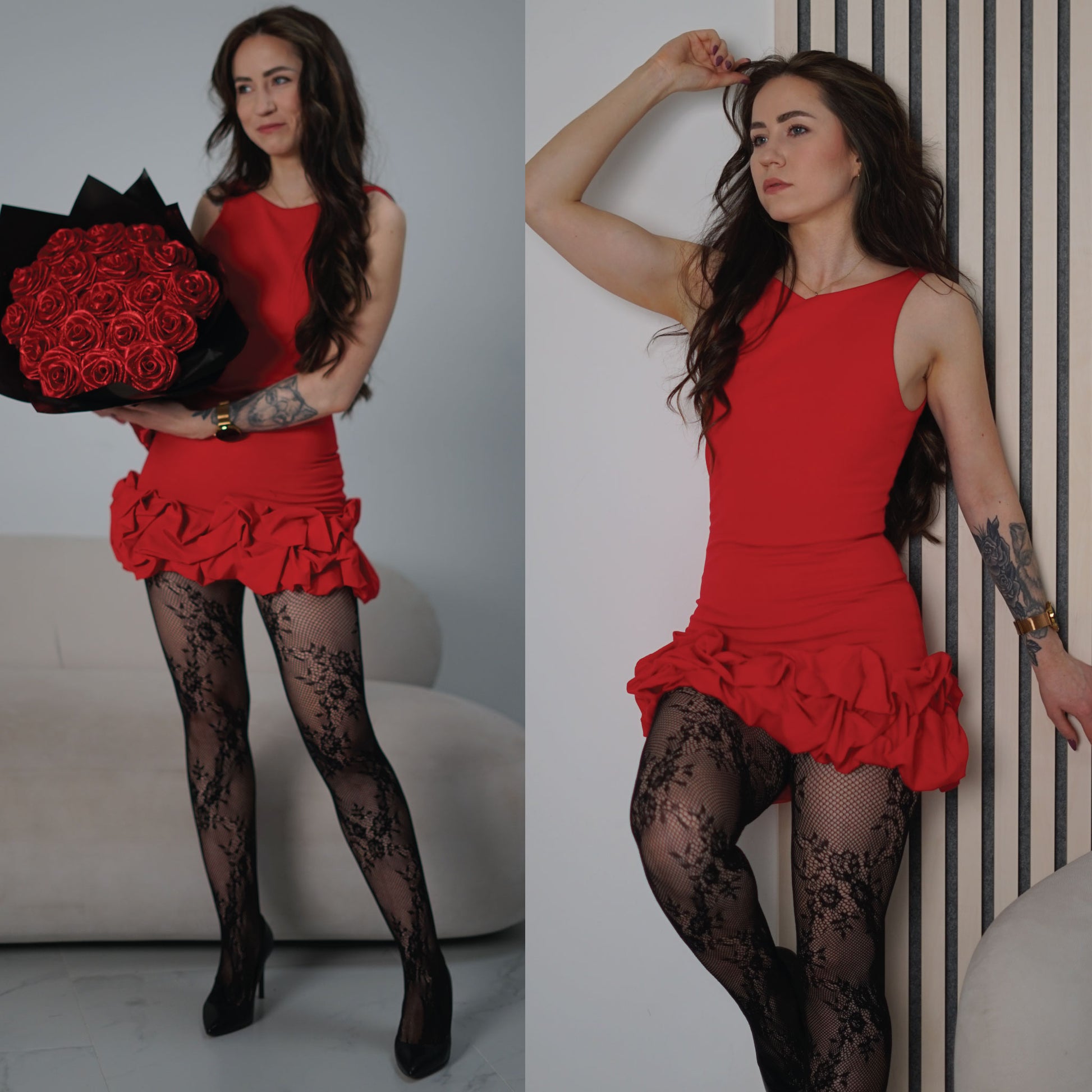 A side-by-side photo of a woman modeling a bright red sleeveless mini dress with a ruffled hem, paired with black lace-patterned tights and black heels. She is holding a large bouquet of red roses in the left panel, standing against a light gray wall and sofa, and leaning against a striped wall in the right panel.