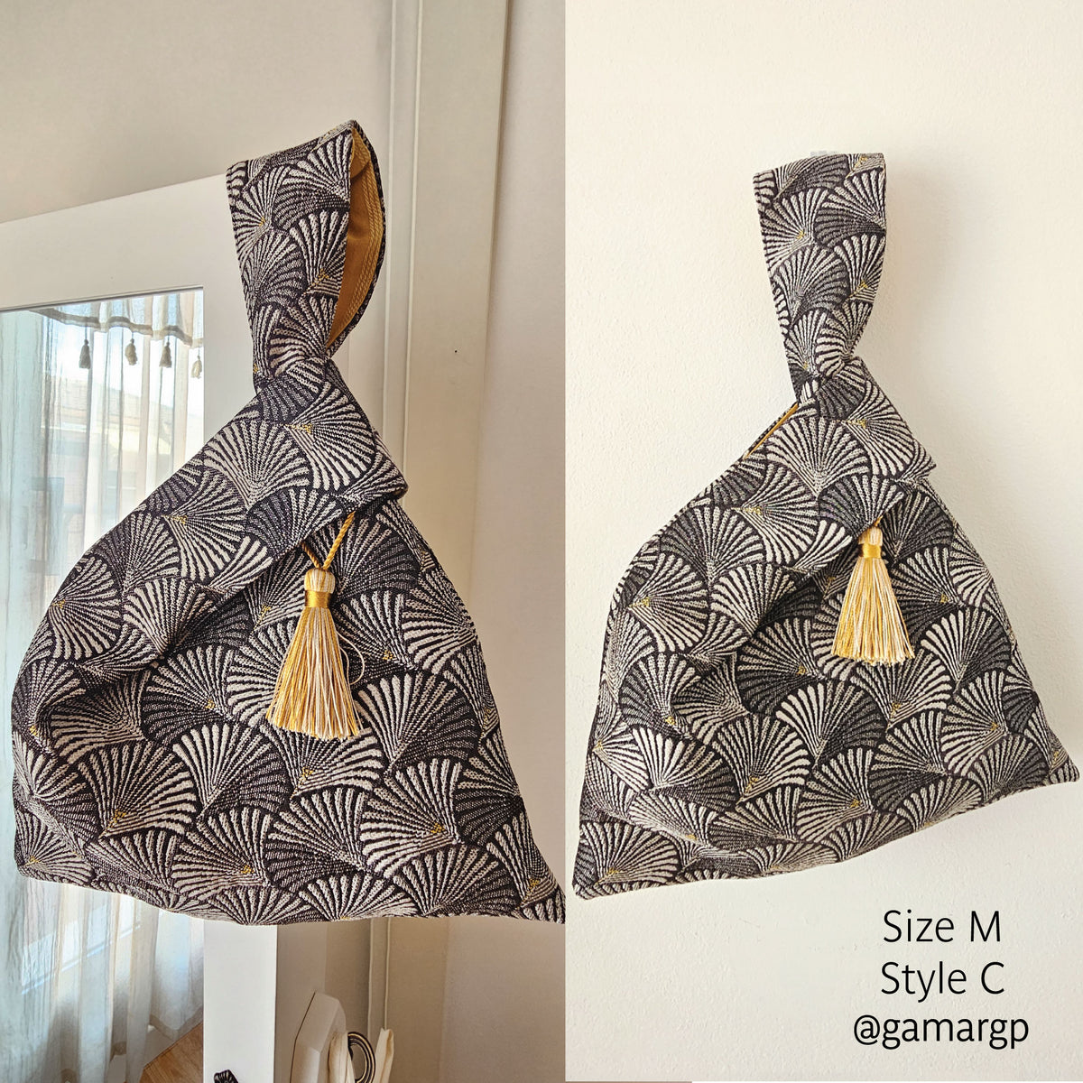 A fabric knot bag with a black and white geometric fan pattern and a gold tassel, shown hanging on a white door frame on the left and on a plain wall on the right. Text in the bottom right corner reads 'Size M Style C.