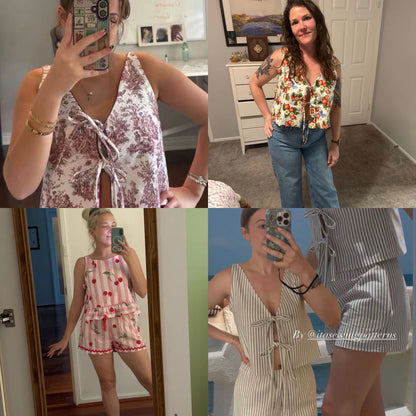 Real customer result of the Lila Ruffle Top; a handmade pink linen side-tie top styled for a summer outfit.