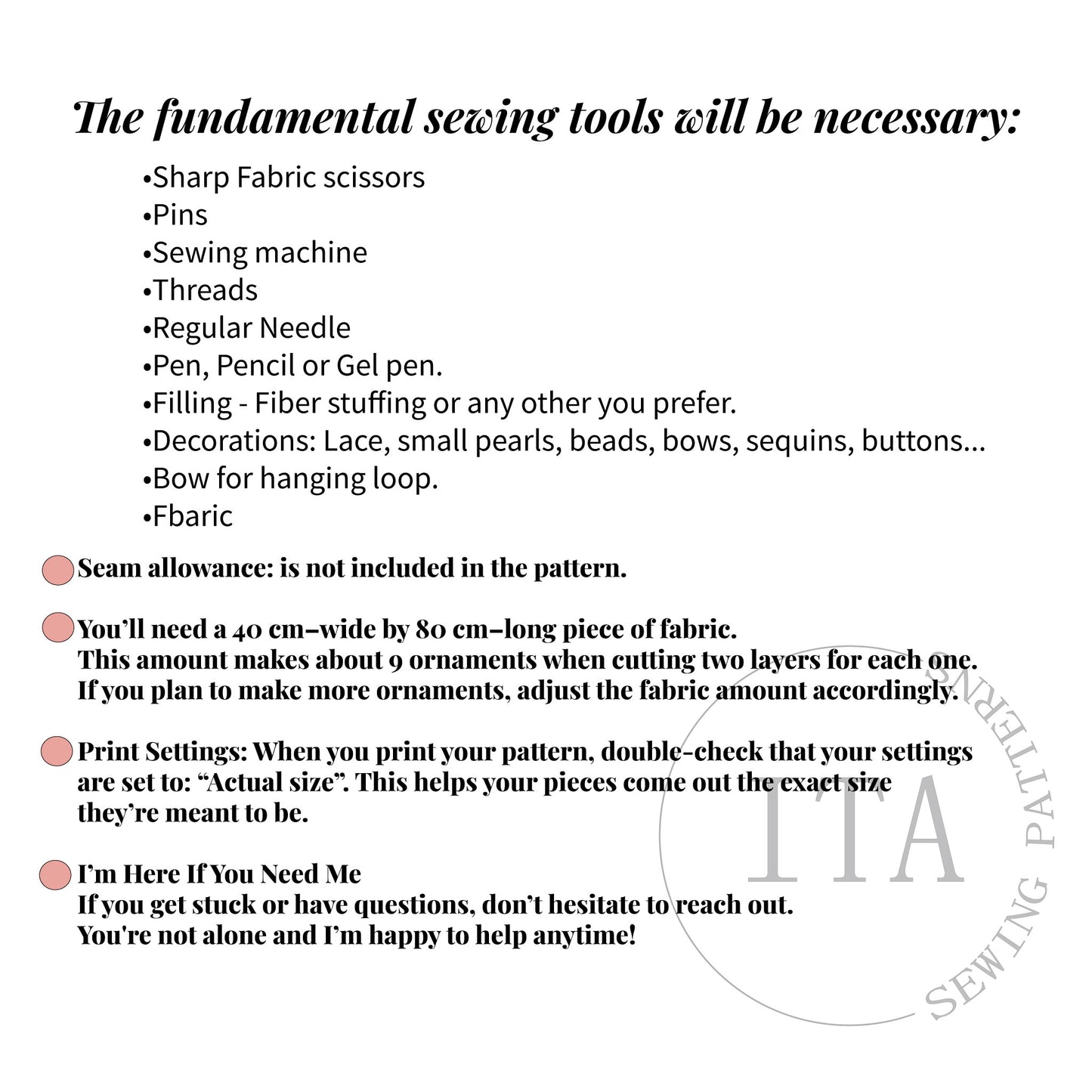 List of fundamental sewing tools and materials needed to make Christmas ornament sewing patterns, including scissors, pins, fabric, stuffing, and decorations.