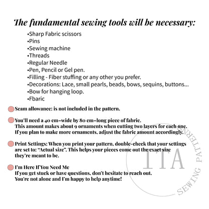 List of fundamental sewing tools and materials needed to make Christmas ornament sewing patterns, including scissors, pins, fabric, stuffing, and decorations.