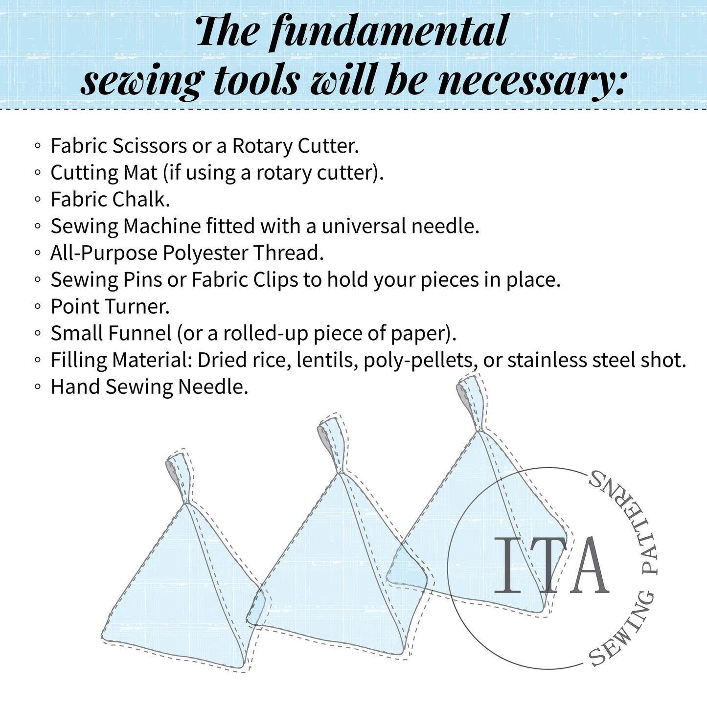 List of fundamental sewing tools with a diagram of a triangle-shaped sewing weights illustration and 'ITA Sewing Patterns' branding.
