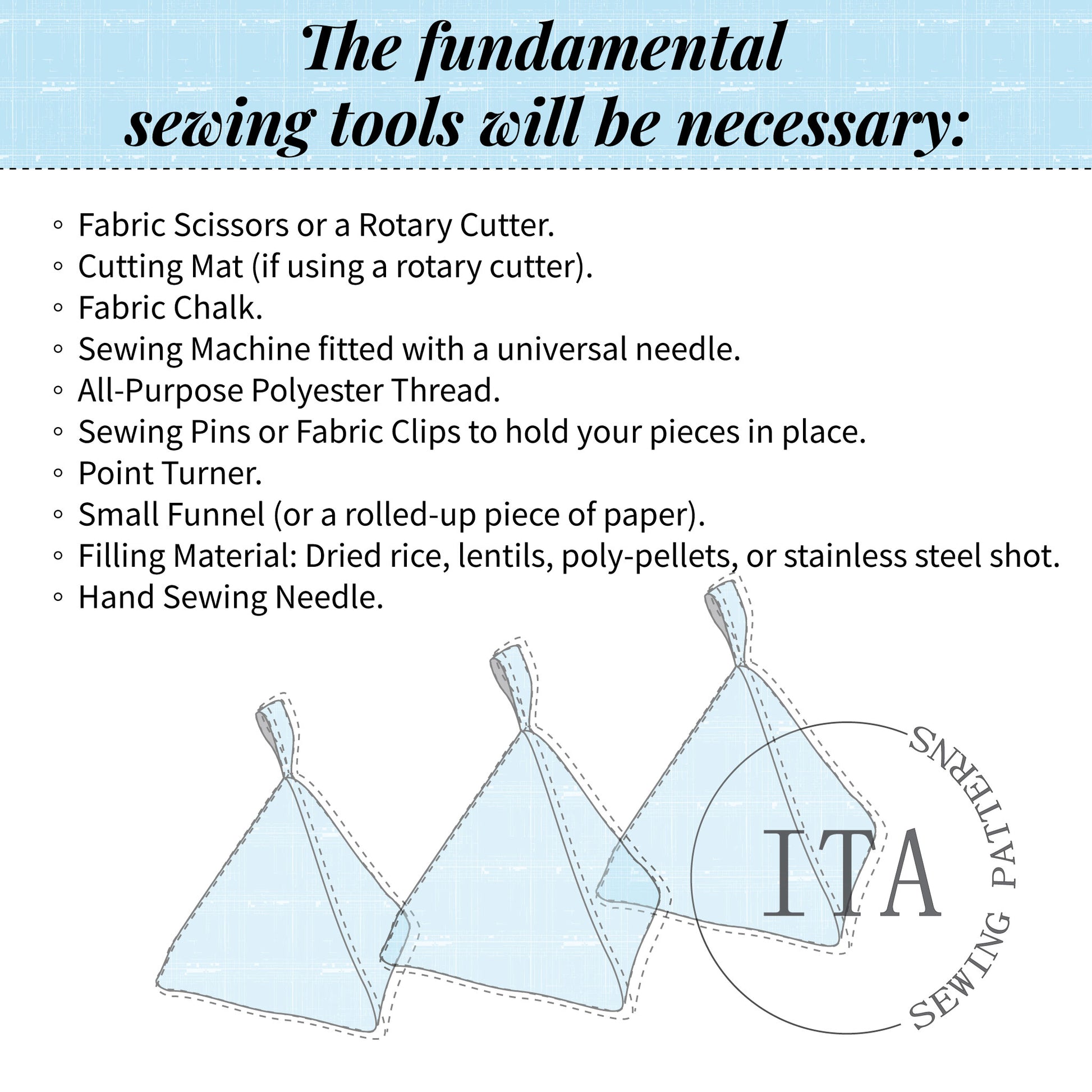 List of fundamental sewing tools with a diagram of a triangle-shaped sewing weights illustration and 'ITA Sewing Patterns' branding.