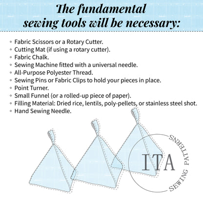 List of fundamental sewing tools with a diagram of a triangle-shaped sewing weights illustration and 'ITA Sewing Patterns' branding.