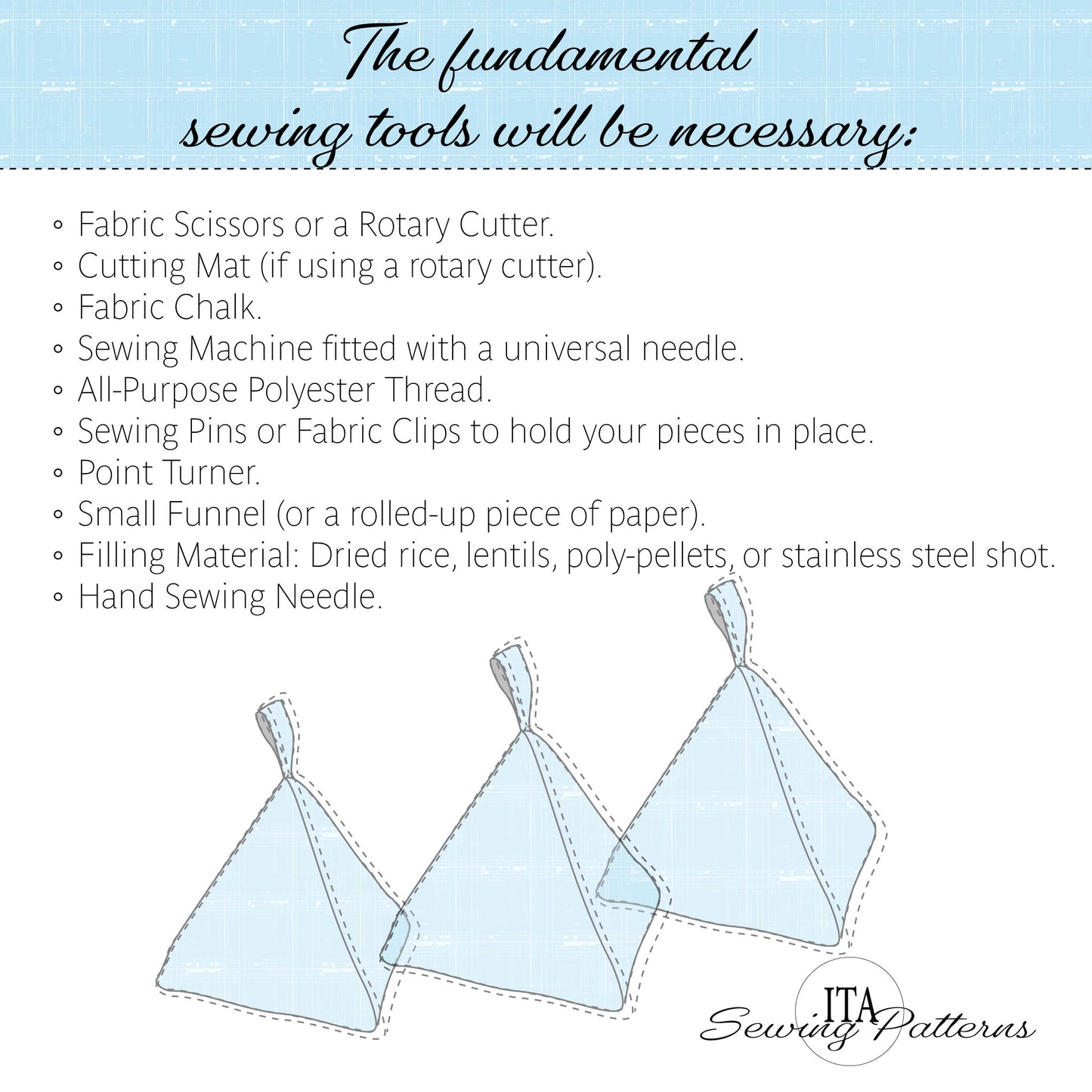 A sewing instruction graphic titled 'The fundamental sewing tools will be necessary:' with a bulleted list of required tools and three simple line drawings of folded fabric pieces. The design uses a light blue grid background, black text, and a white footer with the brand name 'ITA Sewing Patterns'.