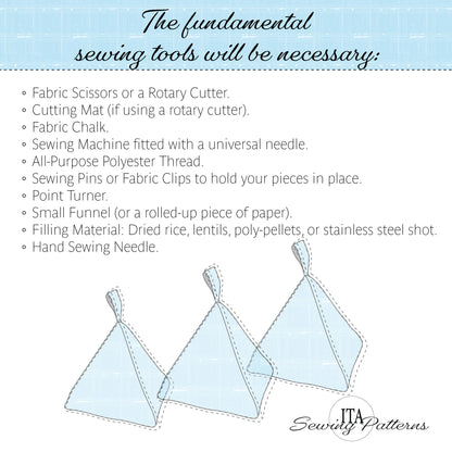 A sewing instruction graphic titled 'The fundamental sewing tools will be necessary:' with a bulleted list of required tools and three simple line drawings of folded fabric pieces. The design uses a light blue grid background, black text, and a white footer with the brand name 'ITA Sewing Patterns'.
