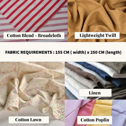 fabric requirements for gingham pants sewing pattern showing recommended materials like linen, cotton poplin, and twill with 155 cm by 250 cm measurements.