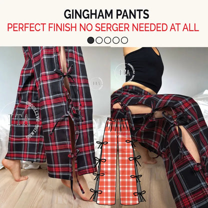 complete product guide for gingham pants sewing pattern featuring lifestyle photos of the red plaid trousers, technical drawings with side tie details, fabric requirements for linen and cotton, and essential sewing tool list with printing instructions.