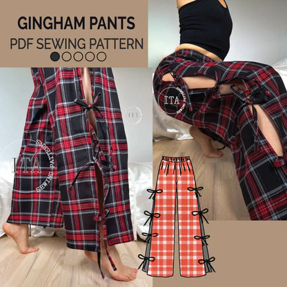 comprehensive product guide for a gingham pants sewing pattern featuring a model wearing red plaid trousers, technical flats with side tie details, fabric requirements, and a list of essential sewing tools and printing instructions.
