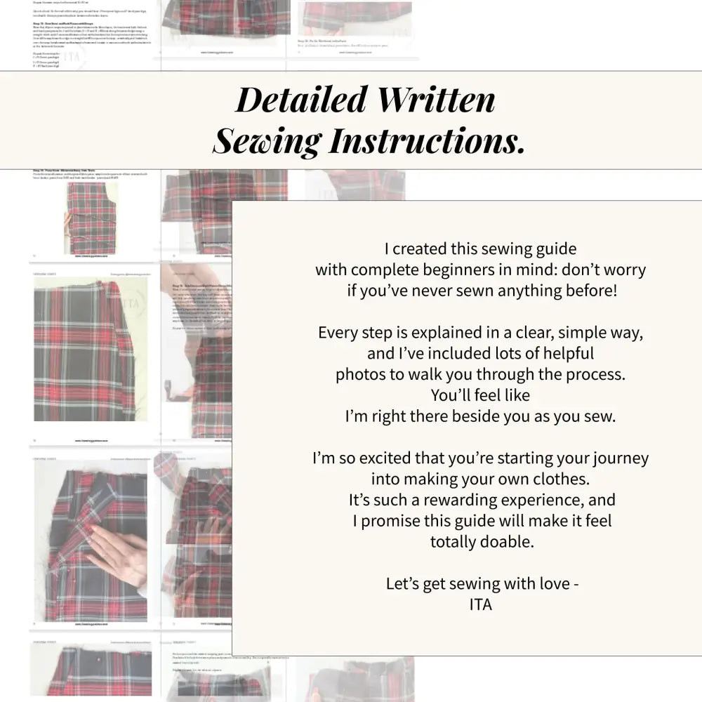 Sewing guide with text and plaid fabric samples