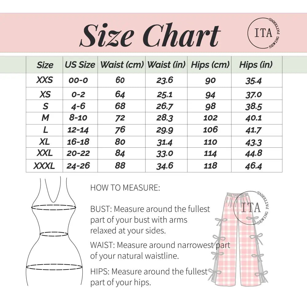 Size chart for clothing with measurements in centimeters and inches, including a diagram on how to measure bust, waist, and hips.