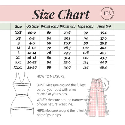 Size chart for clothing with measurements in centimeters and inches, including a diagram on how to measure bust, waist, and hips.