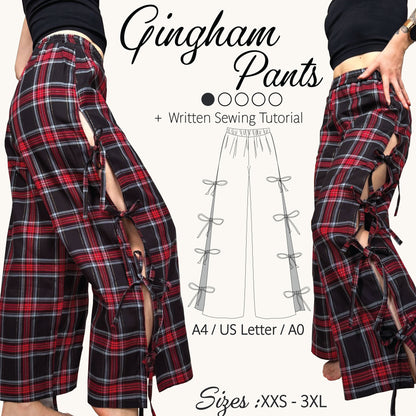 Promotional graphic for gingham plaid pants with side cutouts and lace-up details, shown on a model from the back and front, alongside a sewing tutorial line drawing and size information.