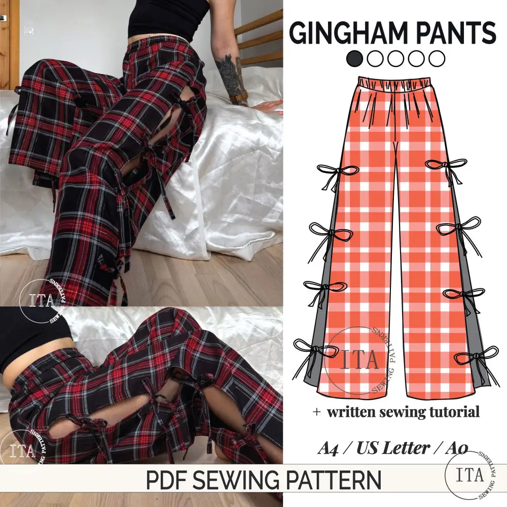 digital sewing pattern for gingham pants showing a technical illustration with side ties and photos of the finished red plaid trousers in a4, us letter, and a0 formats.