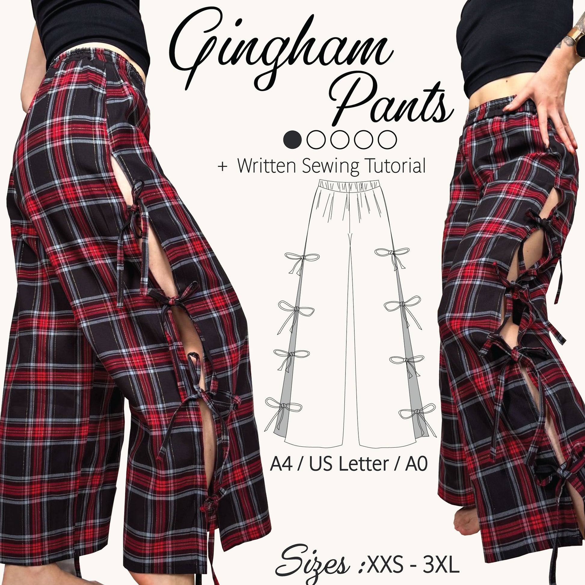 Promotional graphic for gingham plaid pants with side cutouts and lace-up details, shown on a model from the back and front, alongside a sewing tutorial line drawing and size information.