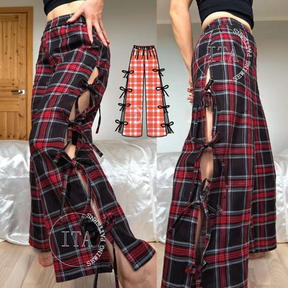 beginner friendly pdf sewing pattern for gingham pants featuring technical drawings of side tie details and photos of the finished red plaid trousers in a4, us letter, and a0 formats.