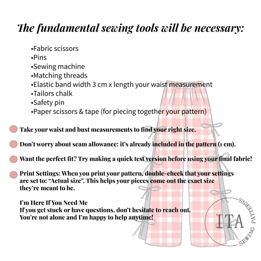 comprehensive list of essential sewing tools and printing instructions for the gingham pants pattern, including tips on seam allowance, size measurements, and actual size print settings.