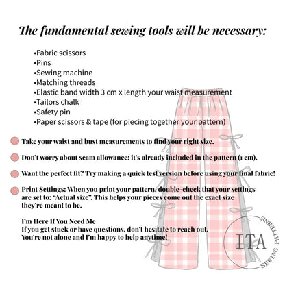 comprehensive list of essential sewing tools and printing instructions for the gingham pants pattern, including tips on seam allowance, size measurements, and actual size print settings.