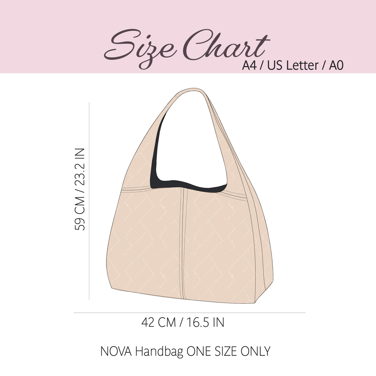 Size chart diagram for the NOVA handbag, showing a simple line drawing of the bag with dimensions labeled: 59 cm (23.2 in) height and 42 cm (16.