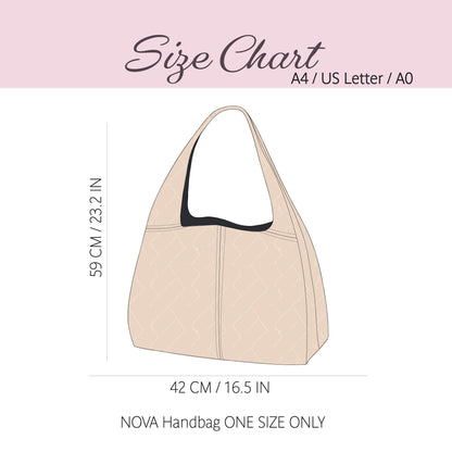 Size chart diagram for the NOVA handbag, showing a simple line drawing of the bag with dimensions labeled: 59 cm (23.2 in) height and 42 cm (16.