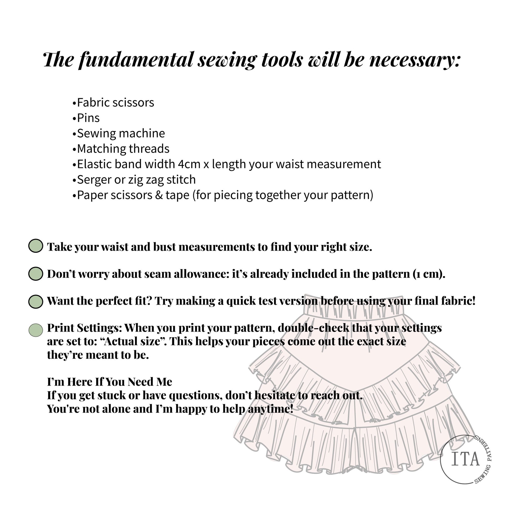 List of fundamental sewing tools with a sewing pattern illustration on a white background