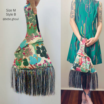A split image showing a Japanese knot bag made from a beginner pattern. The left side shows the bag held up by a hand against a plain wall, labeled 'Size M Style B.