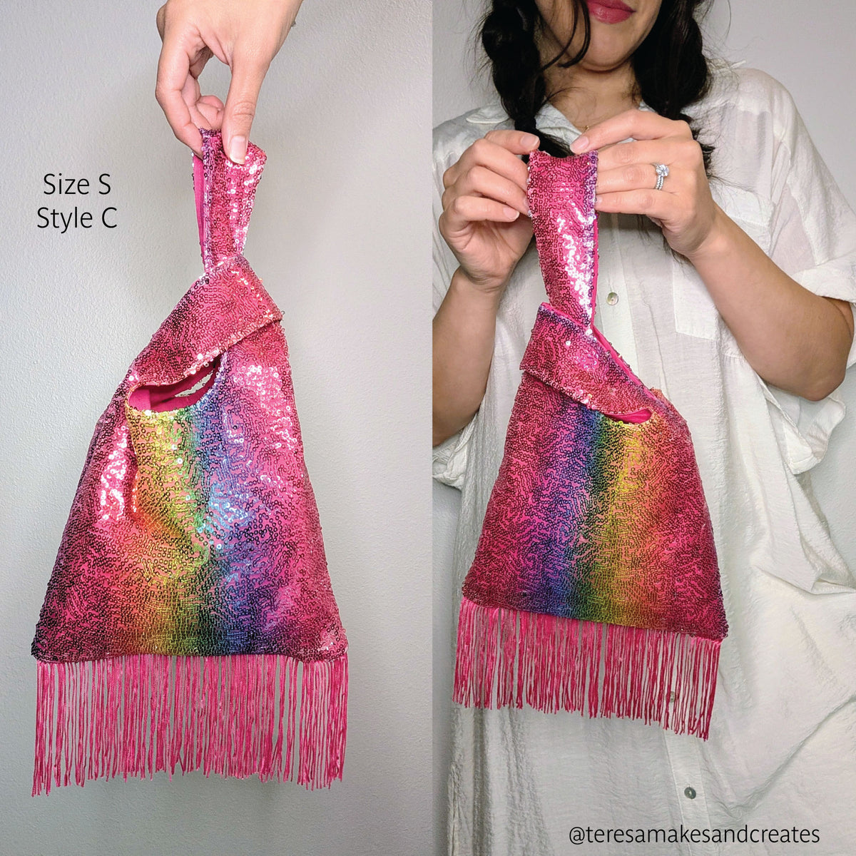 A pink iridescent sequin Japanese knot handbag with fringe made from a PDF sewing pattern, shown in a split view: on the left a hand holds it with text reading 'Size S Style C', and on the right a woman in a white shirt holds it. The bag has a rainbow reflective finish and fringe along the bottom.