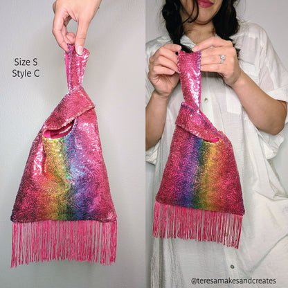 A pink iridescent sequin Japanese knot handbag with fringe made from a PDF sewing pattern, shown in a split view: on the left a hand holds it with text reading 'Size S Style C', and on the right a woman in a white shirt holds it. The bag has a rainbow reflective finish and fringe along the bottom.
