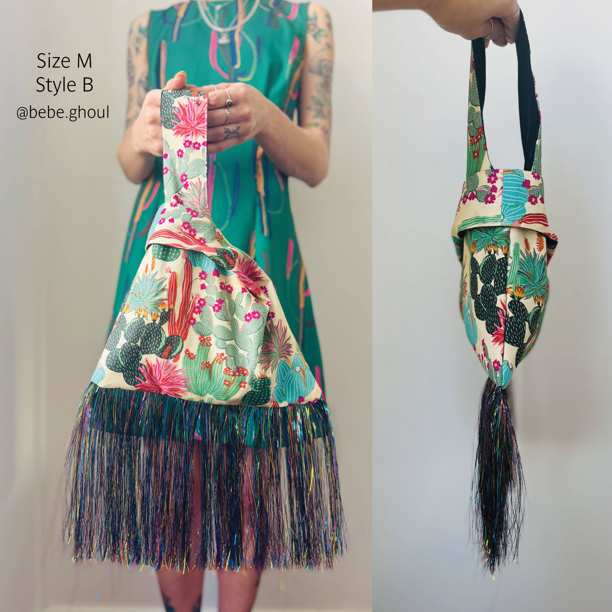 A handbag with a colorful cactus and floral print made from a PDF pattern, featuring a long fringe bottom and a black shoulder strap, shown in two views: one held by a model wearing a green dress, and one held by a hand against a plain wall.