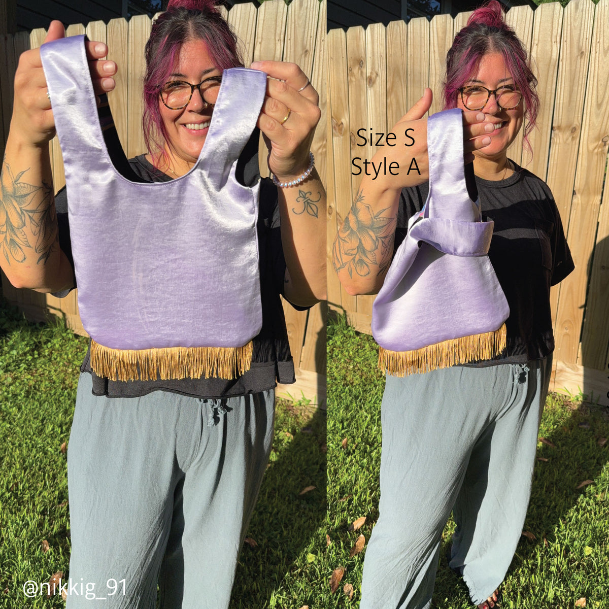 A woman outdoors in front of a wooden fence and grass holds up a lavender satin shoulder bag with fringe trim made with a beginner PDF pattern. The image shows two side-by-side views of the same bag, with text reading 'Size S Style A'.