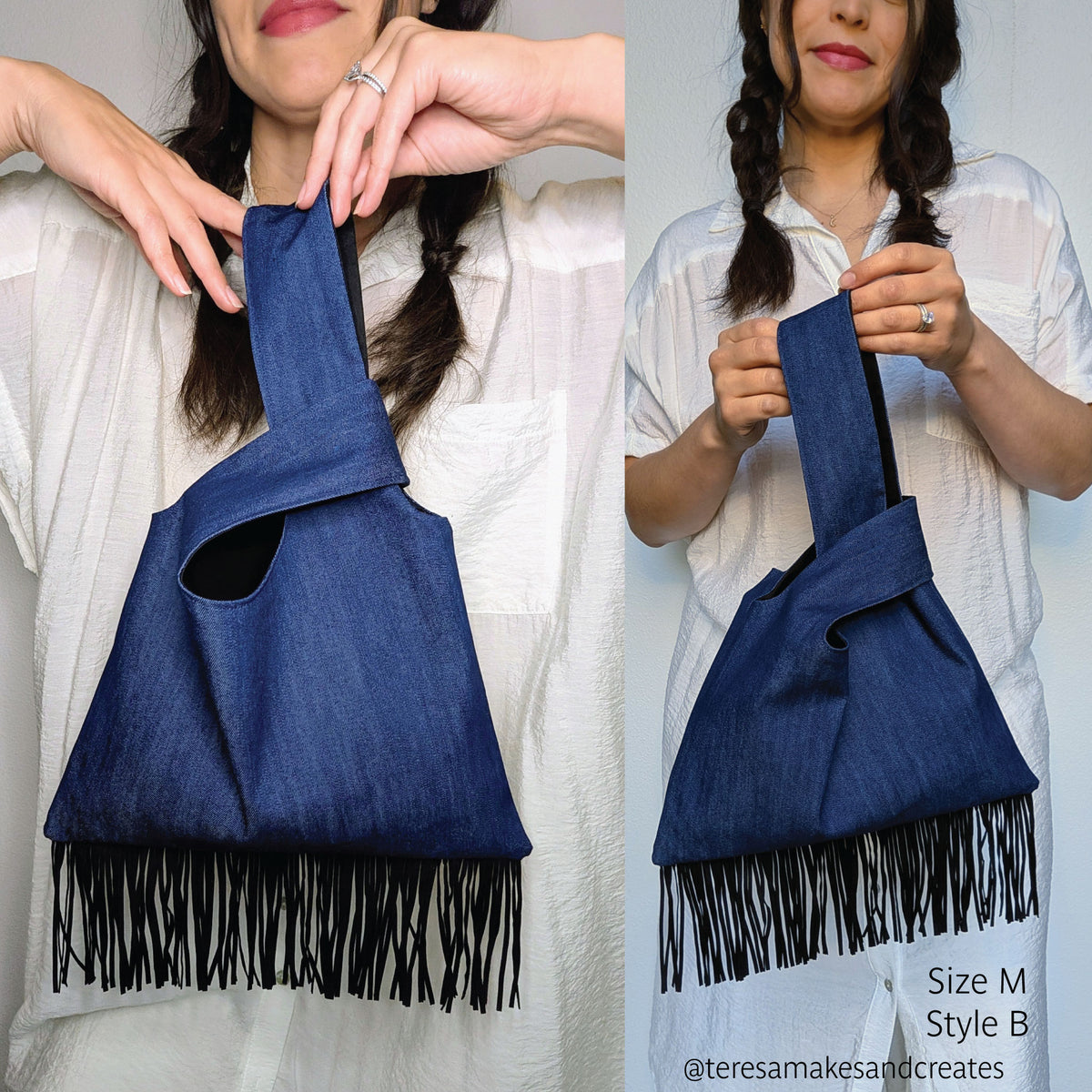 A woman models a large indigo denim shoulder bag made from a pattern with black fringe trim and a cutout detail, shown in a split-screen presentation with text indicating sizes and a social handle.