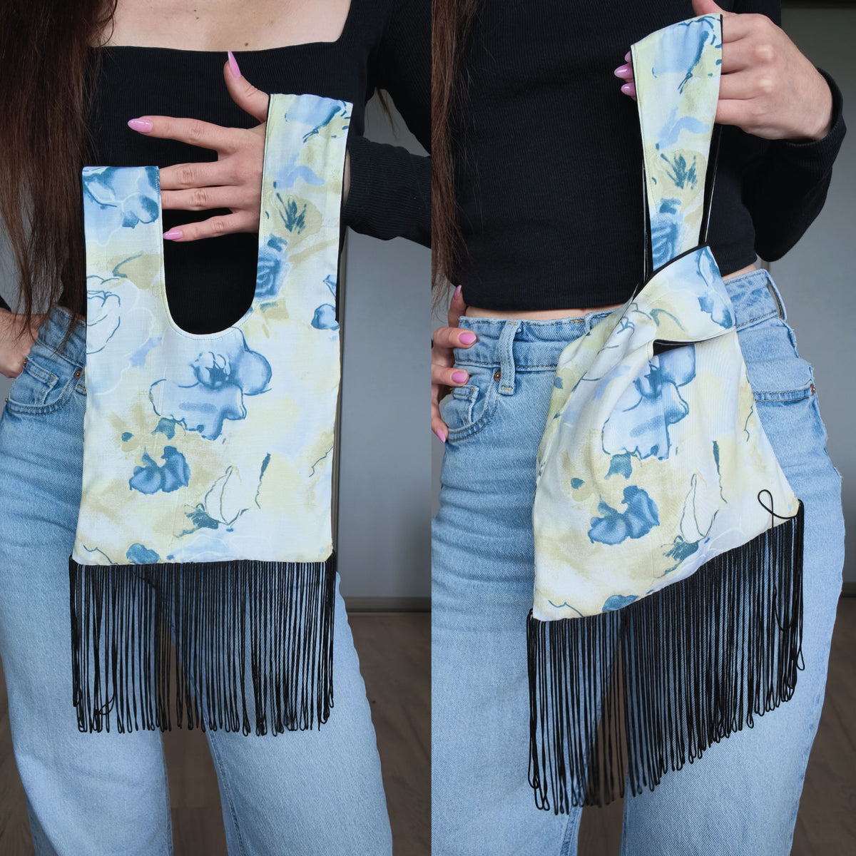 A woman modeling a handmade Japanese knot bag sewing pattern with  fringe hem.