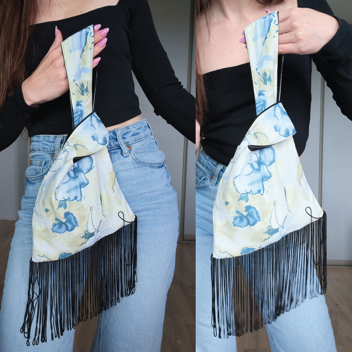 A model wearing a black off-the-shoulder top and light blue jeans holds up a Japanese knot bag made from sewing pattern.