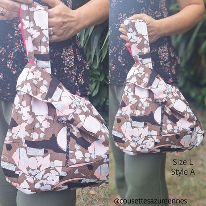 A person holds a large shoulder bag with a brown, beige, and white abstract floral pattern made from a complete beginner sewing pattern. The image is a side-by-side collage showing two views of the bag, with the model's hands and torso visible against an outdoor garden background.