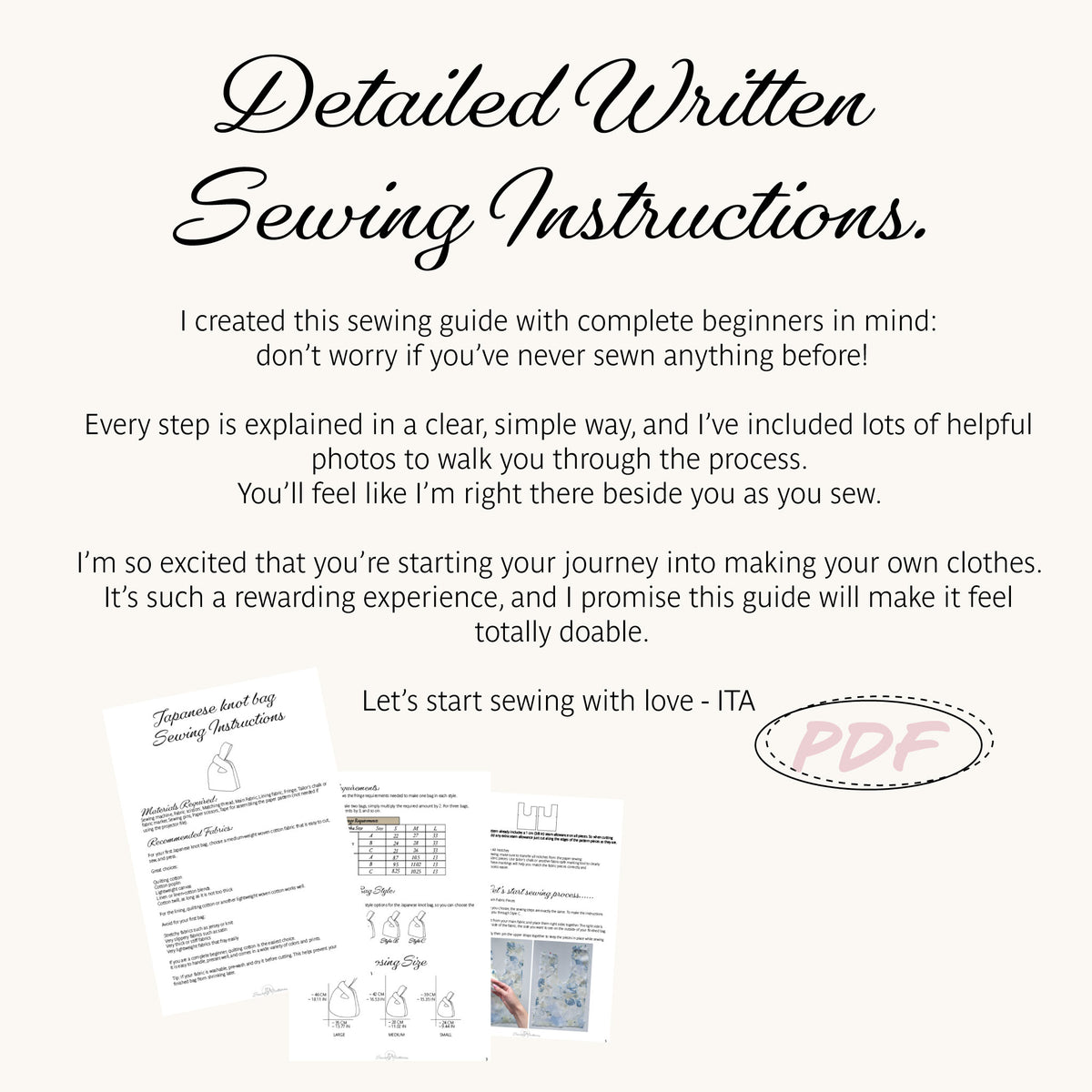 Promotional graphic for a PDF sewing pattern instruction guide, featuring the title 'Detailed Written Sewing Instructions' in large script, a paragraph of descriptive text, three sample pages of the guide, and a pink 'PDF' label on a light beige background.