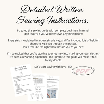 Promotional graphic for a PDF sewing pattern instruction guide, featuring the title 'Detailed Written Sewing Instructions' in large script, a paragraph of descriptive text, three sample pages of the guide, and a pink 'PDF' label on a light beige background.